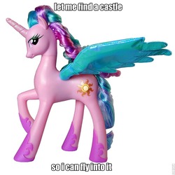 Size: 800x800 | Tagged: safe, princess celestia, alicorn, pony, g4, blue wings, colored wings, electronic toy, female, image macro, irl, let's fly to the castle, photo, pinklestia, raised hoof, simple background, smiling, spread wings, toy, white background, wings