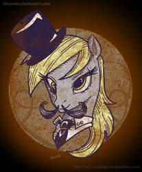 Size: 1075x1299 | Tagged: safe, artist:hinoraito, derpy hooves, pegasus, pony, g4, female, hat, mare, moustache, solo, steampunk, top hat