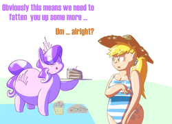 Size: 1198x868 | Tagged: safe, artist:secretgoombaman12345, derpy hooves, diamond tiara, human, ask chubby diamond, g4, aderpose, ask, cake, clothes, cutie mark on human, fat, humanized, one-piece swimsuit, swimsuit, tumblr