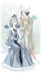 Size: 497x897 | Tagged: safe, artist:zoe-productions, discord, princess luna, human, g4, clothes, dress, gown, humanized, princess costume, ship:lunacord, shipping, skinny, snow, snowfall, thin