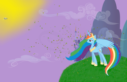 Size: 6666x4300 | Tagged: safe, derpy hooves, rainbow dash, alicorn, pony, g4, absurd resolution, princess, race swap, rainbowcorn, wallpaper