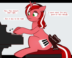 Size: 1200x968 | Tagged: safe, artist:redintravenous, oc, oc only, oc:red ribbon, pony, unicorn, ask red ribbon, alternate cutie mark, bow, female, mare, music, musical instrument, piano, solo, swapped cutie marks, tail, tail bow, tumblr