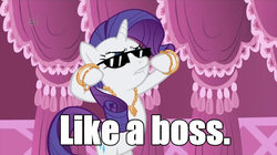 Size: 640x359 | Tagged: safe, rarity, pony, unicorn, g4, bipedal, caption, image macro, like a boss, text