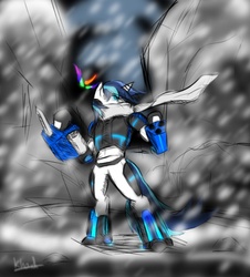 Size: 724x800 | Tagged: safe, artist:convoykaiser, king sombra, shining armor, umbrum, g4, armor, blade, clothes, scarf