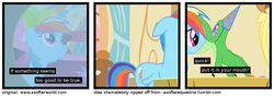 Size: 1200x420 | Tagged: safe, edit, edited screencap, screencap, gummy, rainbow dash, alligator, pegasus, pony, comic:a softer equestria, g4, party of one, a softer world, comic, female, floppy ears, mare, nom, screencap comic, smiling, spread wings, wat, wings