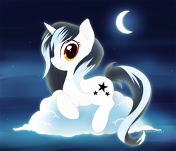 Size: 1137x977 | Tagged: safe, artist:si1vr, oc, oc only, pony, unicorn, cloud, crescent moon, looking at you, moon, multicolored mane, multicolored tail, smiling, solo, tail