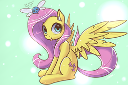 Size: 1200x800 | Tagged: safe, artist:eshredder, fluttershy, parasprite, g4, swarm of the century, :p, cute, ear fluff, female, green background, murder, shyabetes, simple background, sitting, smiling, solo, spread wings, tongue out