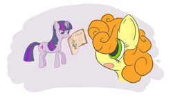 Size: 640x371 | Tagged: safe, artist:ponypharmacist, carrot top, golden harvest, twilight sparkle, fanfic:the purloined pony, g4, book, fanfic art