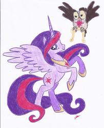 Size: 1671x2058 | Tagged: safe, artist:baneswolf8364, owlowiscious, twilight sparkle, alicorn, bird, owl, pony, g4, big crown thingy, duo, duo male and female, female, hilarious in hindsight, male, mare, older, older twilight, older twilight sparkle (alicorn), rearing, traditional art, twilight sparkle (alicorn), ultimate twilight