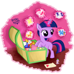 Size: 2328x2318 | Tagged: safe, artist:habbokoopa, applejack, fluttershy, pinkie pie, rainbow dash, rarity, spike, twilight sparkle, g4, box, filly, filly twilight sparkle, magic, mane seven, toy