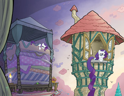 Size: 981x756 | Tagged: safe, artist:tony fleecs, idw, rarity, bird, pony, unicorn, g4, micro-series #3, my little pony micro-series, 2013, bags under eyes, bed, bedroom, blanket, candle, cover, cover art, crossed hooves, crown, fairy tale, female, food, horn, impossibly long tail, indoors, jewelry, long tail, mare, mattress, parody, pea, rapunzel, raripunzel, signature, tail, the princess and the pea, tired, tower, tree