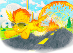 Size: 3393x2472 | Tagged: safe, artist:kairoseed, spitfire, pony, g4, female, flying, solo, sonic rainboom, sonic xboom, sunglasses, traditional art