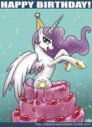 Size: 650x895 | Tagged: safe, artist:johnjoseco, princess celestia, alicorn, pony, princess molestia, g4, bipedal, birthday, butt, cake, cakelestia, female, food, mare, plot, popping out of a cake, rearing, solo