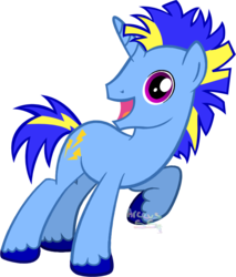 Size: 662x776 | Tagged: safe, artist:arceus55, oc, oc only, oc:voltage, pony, unicorn, g4, horn, open mouth, open smile, raised hoof, show accurate, signature, simple background, smiling, solo, standing, transparent background, unshorn fetlocks