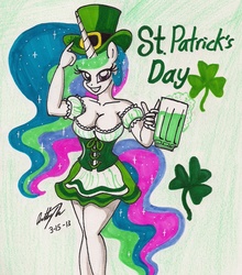 Size: 1231x1398 | Tagged: safe, artist:newyorkx3, princess celestia, anthro, g4, beer, cleavage, female, hat, saint patrick's day, solo, traditional art