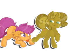 Size: 1064x807 | Tagged: dead source, safe, artist:joey darkmeat, scootaloo, sweetie belle, pegasus, pony, unicorn, g4, female, hoof licking, imminent hoof licking, licking, luster dust, sweetie gold, tongue out