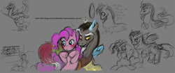 Size: 1200x506 | Tagged: safe, artist:zabchan, discord, pinkie pie, g4, blushing, female, male, mirror, ship:discopie, shipping, sketch, straight, window