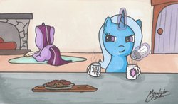 Size: 1705x1000 | Tagged: safe, artist:moonlightscribe, trixie, twilight sparkle, g4, food, prank, traditional art