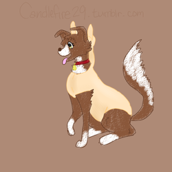 Size: 512x512 | Tagged: safe, artist:candlefire29, winona, dog, g4, 30 minute art challenge, brown background, costume, e (number), female, looking at something, open mouth, profile, simple background, sitting, smiling, solo, text, tongue out