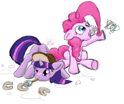 Size: 1480x1246 | Tagged: safe, artist:bufbaf, pinkie pie, twilight sparkle, butterfly, g4, deerstalker, detective, facial hair, hat, hoofprints, magnifying glass, moustache, sherlock holmes