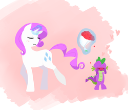 Size: 990x848 | Tagged: safe, artist:wtfamidrawing, rarity, spike, g4, blushing, bouquet, female, flower, magic, male, ship:sparity, shipping, straight