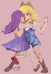 Size: 692x1000 | Tagged: safe, artist:bronzequeen, applejack, rarity, human, g4, clothes, dancing, dress, female, humanized, lesbian, ship:rarijack, shipping, square dance