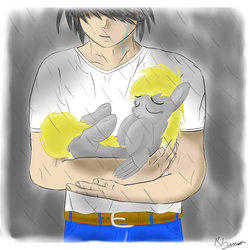 Size: 894x894 | Tagged: safe, artist:neutralbrony, derpy hooves, oc, human, pony, g4, crying, holding a pony, non-mlp oc, rain