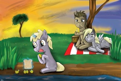 Size: 3300x2202 | Tagged: safe, artist:mlj-lucarias, derpy hooves, dinky hooves, doctor whooves, time turner, duck, pegasus, pony, g4, banana, bread, crying, female, happy, mare, picnic, tree, water