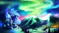 Size: 1920x1080 | Tagged: safe, artist:atryl, princess luna, g4, aurora borealis, mountain, night, snow