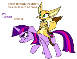 Size: 811x618 | Tagged: safe, artist:vinny van yiffy, twilight sparkle, fennec fox, fox, pony, unicorn, g4, a horse with no name, america (band), crossover, dialogue, female, mare, oscar's oasis, popy, riding, riding a pony, simple background, song reference