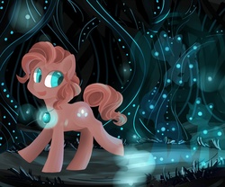 Size: 1800x1500 | Tagged: safe, artist:foxda, pinkie pie, earth pony, ghost, ghost pony, pony, g4, amulet, bioluminescent, colored pupils, female, foal, forest, glowing, jewelry, looking back, necklace, night, pendant, smiling, solo, walking