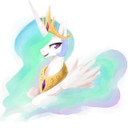 Size: 1200x1200 | Tagged: safe, artist:30clock, princess celestia, pony, g4, crown, female, jewelry, open mouth, peytral, pixiv, regalia, simple background, sitting, solo, white background