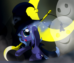 Size: 1400x1200 | Tagged: safe, artist:hoyeechun, princess luna, pony, g4, chibi, crossover, moon, puella magi madoka magica, wand, witch, woona