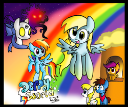 Size: 1148x966 | Tagged: safe, artist:neoncabaret, derpy hooves, rainbow dash, scootaloo, pegasus, pony, g4, comic, cover, female, hooves, mare