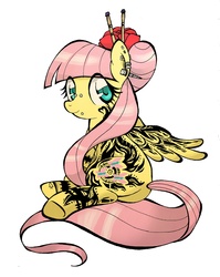Size: 1687x2124 | Tagged: safe, artist:akikodestroyer, fluttershy, pony, g4, alternate hairstyle, female, piercing, simple background, solo, tattoo