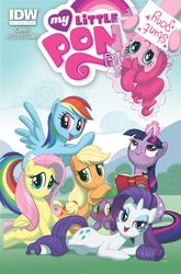 Size: 988x1500 | Tagged: safe, artist:amy mebberson, artist:stephanie buscema, idw, applejack, fluttershy, pinkie pie, rainbow dash, rarity, spike, twilight sparkle, dragon, earth pony, pegasus, pony, unicorn, g4, official, blushing, book, comic cover, female, levitation, magic, male, mane seven, mare