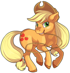 Size: 800x837 | Tagged: safe, artist:kaceymeg, applejack, earth pony, pony, g4, female, lasso, looking at you, mouth hold, rope, running, simple background, solo, transparent background, unshorn fetlocks