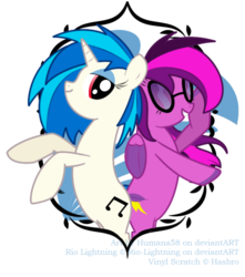 Size: 580x656 | Tagged: dead source, safe, artist:humana58, dj pon-3, vinyl scratch, oc, pegasus, pony, unicorn, g4, eyeshadow, female, looking back, makeup, mare, pegasus oc, vinyl's glasses