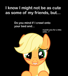 Size: 806x898 | Tagged: safe, artist:teiptr, applejack, earth pony, pony, g4, blushing, bronybait, lip bite, solo, text