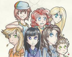 Size: 2065x1649 | Tagged: safe, artist:mikisakiiro, applejack, fluttershy, pinkie pie, rainbow dash, rarity, spike, twilight sparkle, g4, humanized, mane seven, mane six, natural hair color, traditional art