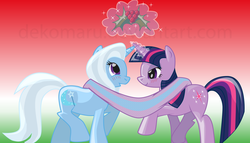 Size: 2094x1200 | Tagged: safe, artist:dekomaru, trixie, twilight sparkle, g4, blushing, clothes, female, holly, holly mistaken for mistletoe, imminent kissing, lesbian, levitation, magic, mistletoe, scarf, ship:twixie, shipping