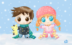 Size: 847x529 | Tagged: safe, artist:groovyfish, pound cake, pumpkin cake, human, g4, clothes, humanized, scarf, snow, snowfall