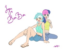 Size: 1024x768 | Tagged: safe, artist:groovyfish, bon bon, lyra heartstrings, sweetie drops, human, g4, humanized, skinny, thin