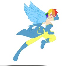 Size: 1200x1067 | Tagged: safe, artist:groovyfish, rainbow dash, human, g4, alternative cutie mark placement, boots, clothes, female, gloves, humanized, shoes, simple background, solo, winged humanization, wings, wonderbolts uniform