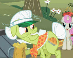 Size: 497x397 | Tagged: safe, edit, edited screencap, screencap, granny smith, twinkleshine, g4, the super speedy cider squeezy 6000, animated, cider, cropped, female, looking around, loop, male, mug, shifty eyes, solo focus, sun visor