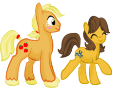 Size: 900x695 | Tagged: safe, artist:sweetchiomlp, applejack, caramel, toffee, earth pony, pony, g4, applejack (male), blushing, female, hatless, male, mare, missing accessory, rule 63, ship:carajack, shipping, simple background, stallion, straight, transparent background