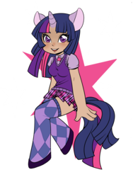 Size: 1200x1600 | Tagged: safe, artist:couratiel, artist:quackingmoron, twilight sparkle, human, g4, argyle, clothes, eared humanization, female, horn, horned humanization, humanized, simple background, skirt, solo, stars, sweater vest, tailed humanization