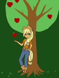 Size: 691x919 | Tagged: safe, artist:regantheimp, applejack, human, g4, apple, eared humanization, female, humanized, pony coloring, solo, tailed humanization, tree