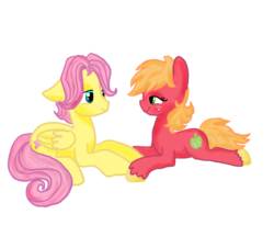 Size: 1024x884 | Tagged: safe, artist:sweetchiomlp, big macintosh, fluttershy, adorascotch, anatomically incorrect, bedroom eyes, butterreina, butterscotch, cute, eye contact, female, floppy ears, fluttermac, incorrect leg anatomy, looking at each other, macabetes, macareina, male, prone, rule 63, rule63betes, shipping, simple background, smiling, straight, transparent background