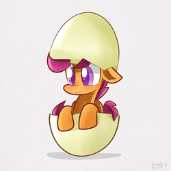 Size: 1024x1024 | Tagged: safe, artist:kty159, scootaloo, pegasus, pony, g4, colored pupils, egg, female, filly, floppy ears, hatching, pink background, scootachicken, simple background, solo